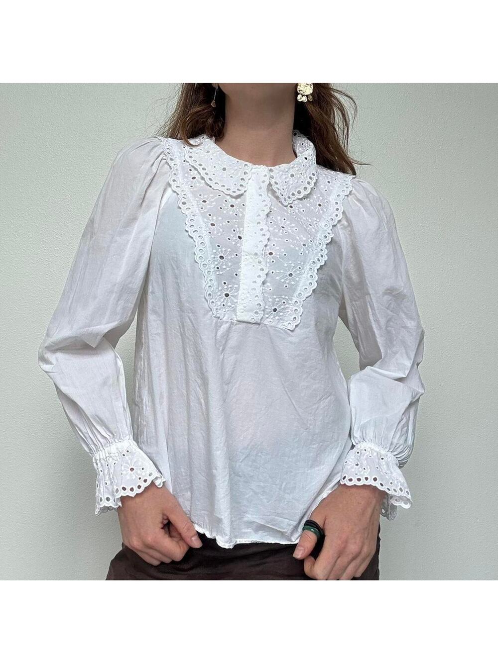 Zara white cotton blouse with lace eyelet collar